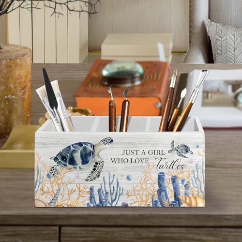 Coastal Beach Sea Turtle Pen Pencil Holder Organizer for Desk Accessories, Sea Turtle Gifts for Women Wooden Box Sign Desk Decor for Home Office Decoration, Beach Office Decor
