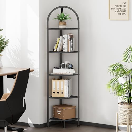 Homhedy 5-Tier Arched Corner Shelf Stand, Wall Corner Bookshelf