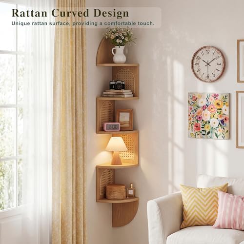 5-Tier Floating Corner Shelves for Wall, Zigzag Corner Shelf Unit, PVC Rattan Sides, Space-Saving, for Kitchen, Living R