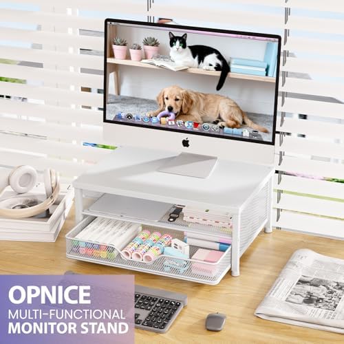 OPNICE Computer Monitor Stand Riser, Desk Organizer with Drawer, Printer & Laptop Stand, Office Desk Accessories & Works