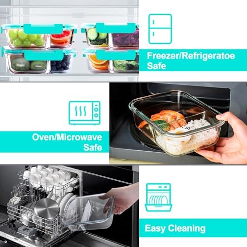 VERONES 5 PACK 36 OZ Glass Food Storage Containers 2 Compartment Set, Green