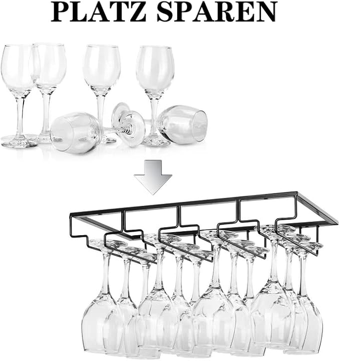 FOMANSH Wine Glass Rack - Under Cabinet Stemware Wine Glass Holder Glasses Storage Hanger 2 Pack Metal Organizer for Bar Kitchen 4 Rows Black