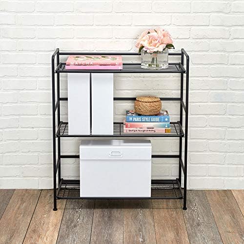 Folding Metal Bookcase, 3 Shelves, Wide, Black
