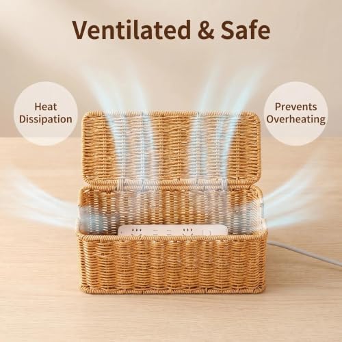 Cable Management Box Handwoven Faux Rattan Cord Basket with Lid (Rectangle)
