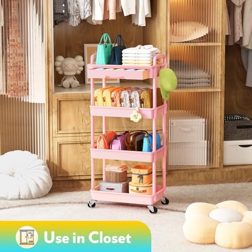 SUNALLY Makeup Cart Organizer with Drawer, 4 Tier Rolling Makeup Cart, Pink