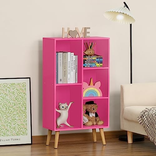 LEYAOYAO 5 Cube Bookshelf, Mid-Century Modern Book Shelf with Legs, Pink
