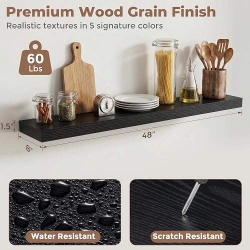 8 inch Deep Floating Shelves for Wall, 48" Wide, Black Finish, 2-Pack