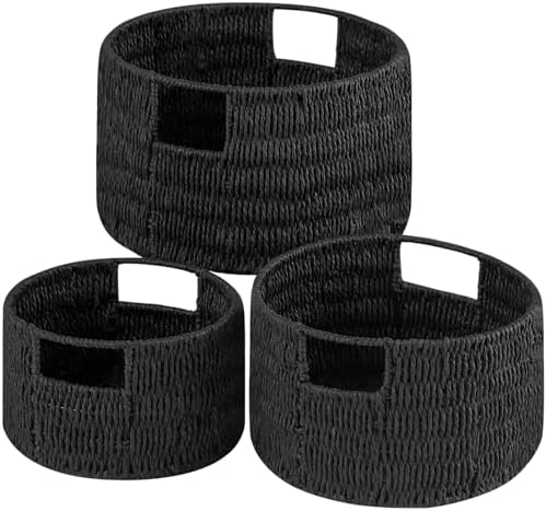 Vagusicc Wicker Storage Basket, Hand-Woven Paper Rope Large Round Woven Basket With Handles, Wicker Baskets for Organizing/Storage, Black, 3-Pack