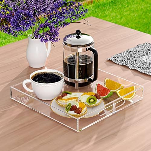 NIUBEE Clear Serving Tray 12x12 Inches -Spill Proof- Acrylic Decorative Tray Organiser for Ottoman Coffee Table Countert