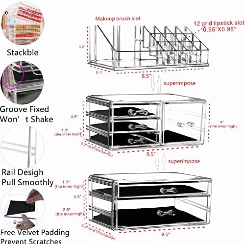 Cq acrylic 3 Pack Clear Makeup Organizer Countertop, Stackable 6 Drawers Skincare Organizer,Cute Skin Care Organizer for