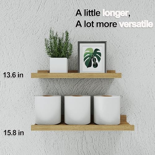 Oak Floating Shelves for Wall Decor, 14 in Shelf with Lip Set of 2