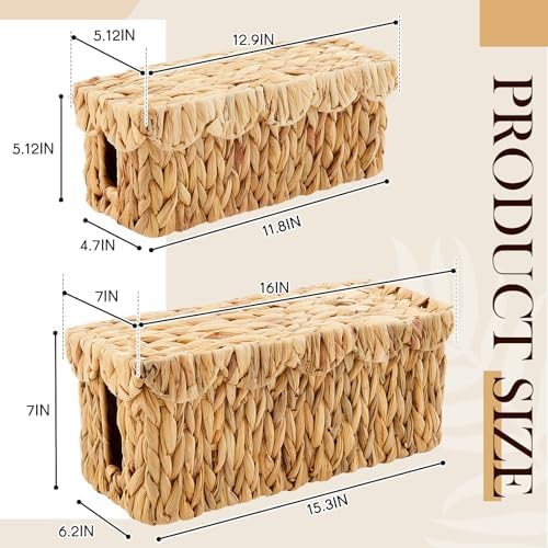 Patelai 2 Pack Scalloped Cable Management Box Water Hyacinth, Natural Color