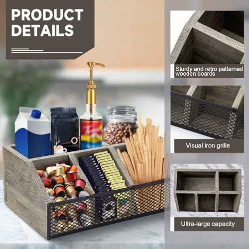 Yalikop Gray Wooden Coffee Bar Organizer, No Assembly, Rustic