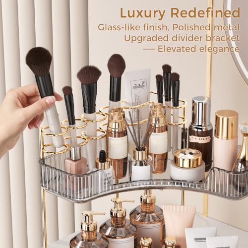 BEFSOP Corner Bathroom Counter Organizer, Upgraded 3-Tier Makeup Organizer Countertop with Makeup Brush Holder, Skincare