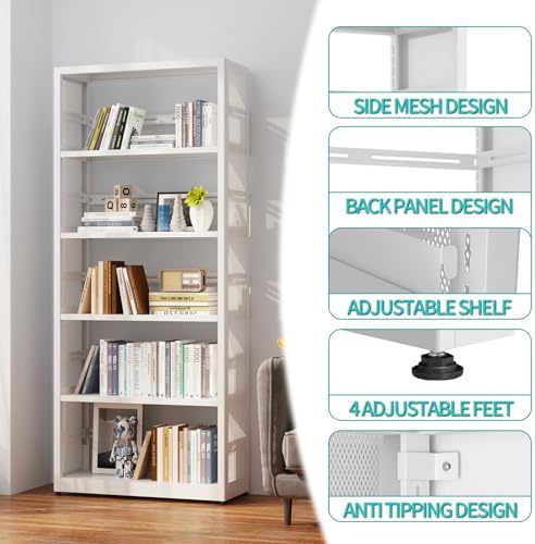SteeLoong 5 Tier Bookcase, 68" H Metal Bookshelf with 4 Adjustable Shelves