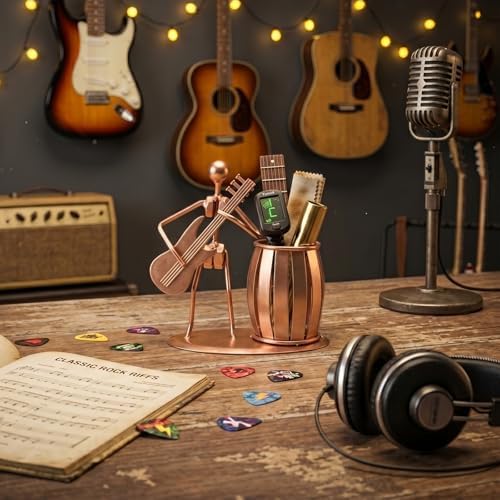 MyGift Pen Holder for Desk, Decorative Pencil Cup with Guitar Design, Accessories & Decor for Men, Gunmetal Gray Metal Desk