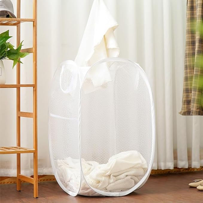 2 Pack Mesh Pop Up Laundry Baskets, Collapsible Laundry Hampers, Foldable Clothes Basket Storage Bins with Handles & Side Pocket for Cruise, Travel, Laundry Room, Dorm, Home (White)