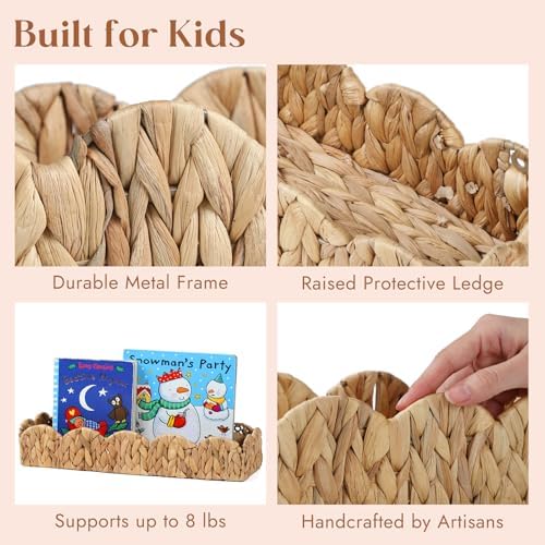 4 Pack Nursery Book Shelves, Scalloped Water Hyacinth Book Shelf for Kids Rooms, Handwoven Floating Book Shelves for Wall, 15.8” Wicker Hanging Bookshelf for Books, Toys, Photo Frames, Nursery decor