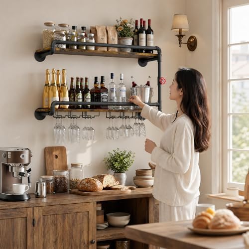 Merapi 2 Tier Floating Shelf Wine Rack with Stemware Holder