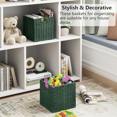 Vagusicc Wicker Storage Basket, Set of 2 Hand-Woven Paper Rope Wicker Basket, Foldable Cube Storage Bins, 9 inch Square 