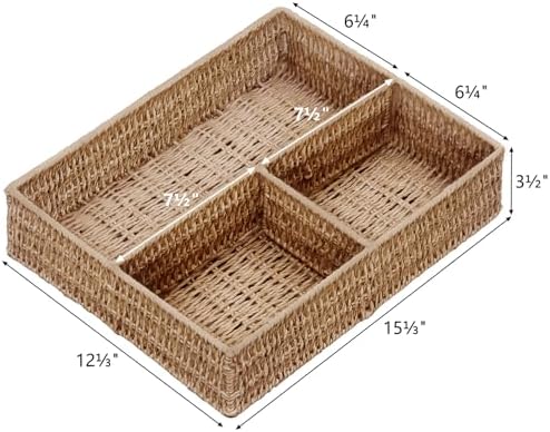 Vagusicc Wicker Divided Storage Basket, Wicker Baskets, Basket for Shelves Drawer Organizing, 3 Section Rectangular Wove