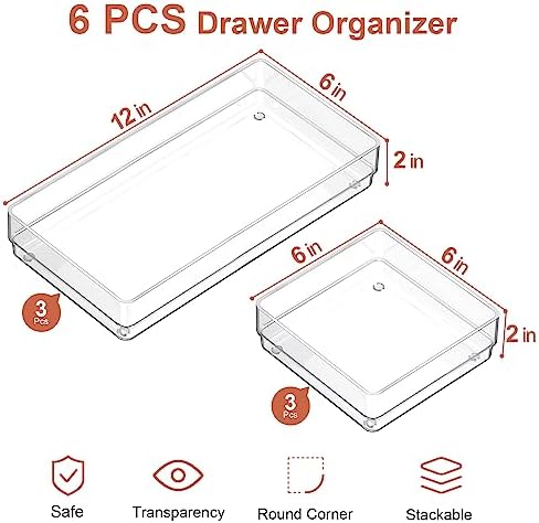 SMARTAKE 6 PCS Clear Plastic Kitchen Large Size Drawer Organizers Set