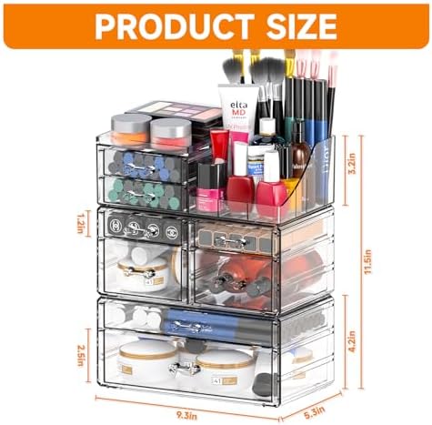 Cq acrylic Clear Make up Organizers for Vanity,Skincare Organizer With 8 Drawers for Dresser,Plastic Cute Desk Accessori