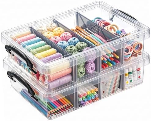 Citylife 2PC Clear Craft Organizers and Storage with 3 Removable Dividers