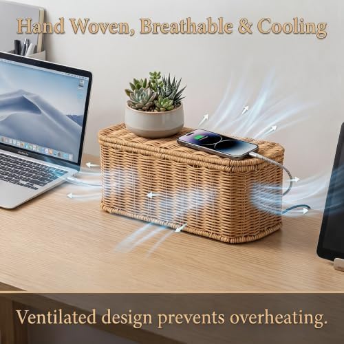 Rattan Cable Management Box, Cord Organizer to Hide Cords & Power Strip