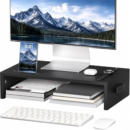 1home Monitor Stand Riser, 16.7 Inch Wood Monitor Riser Stand with Storage Organizer, Desktop Ergonomic Monitor Stand Ri