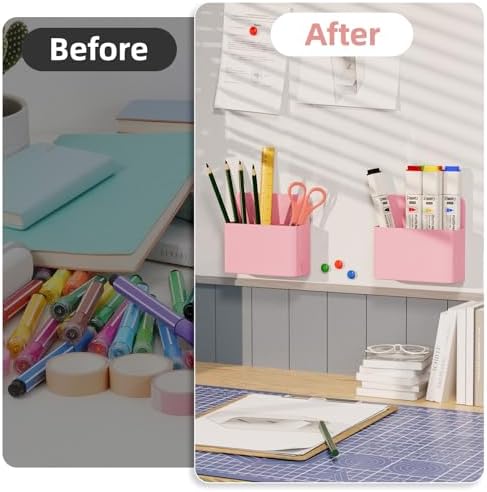 Mabrasse 2p Magnetic Dry Erase Marker Holder,Pen and Eraser Holder for Whiteboard, Magnet Pencil Cup Utility Storage Organizer for Office, Refrigerator, Locker and Metal Cabinets（Pink）