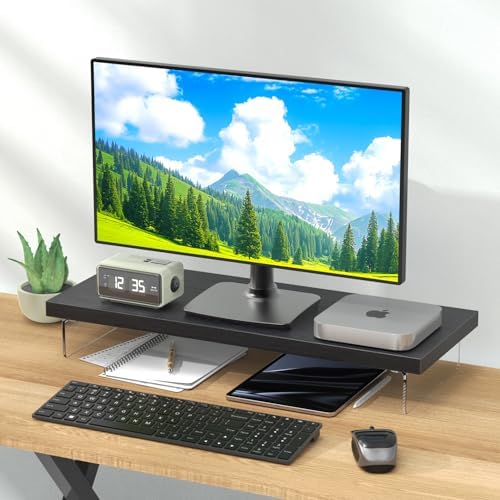 Monitor Stand Riser, 25x10 in Wood & Acrylic Computer Desk Organizer Shelf