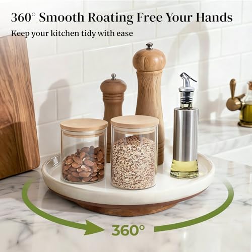 Ceramic Lazy Susan Turntable Organizer, 10.3 Inch Round Rotating Tray with Acacia Wood Base, White Speckled Glazed Spice