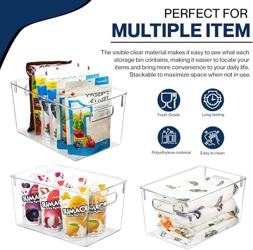 Clear Plastic Storage Bins with Lids, Perfect for Kitchen Organization or Pantry Organization and Storage, Stackable Fri