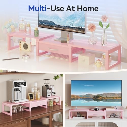 Desk Organizers and Accessories, Dual Monitor Stand Riser with Drawer, Computer Monitor Stand, Adjustable Desk Shelf for