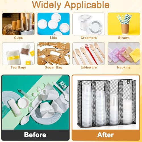 Wall Mount Portion Sauce Cup Lid Organizer 4 Compartments Iron Sauce Cup Dispenser Black Cup and Lid Holder Organizer Fi