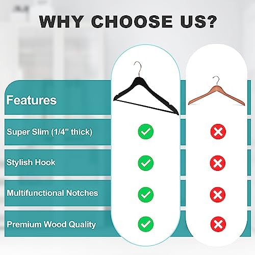 Luxury 16.5" Ultra Thin Space Saving Wooden Hangers, 100-Pack 360 Degree Swivel Hook, Best for Shirts, Blouses, Pants, Suits, Coats, Dresses (Black, with Pant Bar, 100)