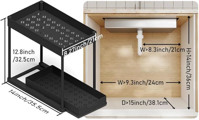 2 Pack black Under Sink Organizers and Storage, 2-Tier Sliding Cabinet Basket Organizer with Hooks, Multi-Purpose Under Sink Organizers and Storage for Bathroom Kitchen