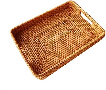 i-lan 13 Inch Handcrafted Serving Tray Rectangle Rattan Display Tray Plates with Cutout Handles and 2" Wall,Wicker Ottom