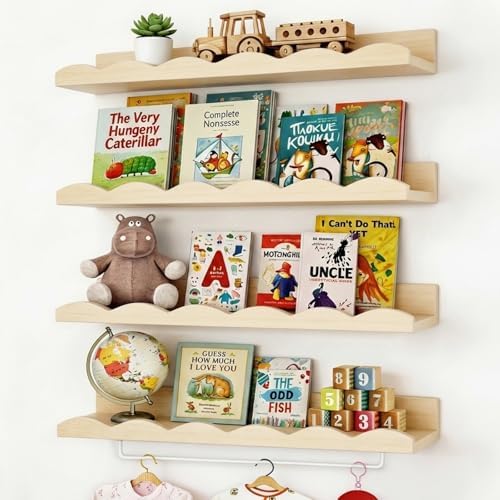 Fixwal Nursery Book Shelves, 16.5 Inch Floating Bookshelves for Wall Set of 4, Scalloped Wall Book Shelves with Towel Ra