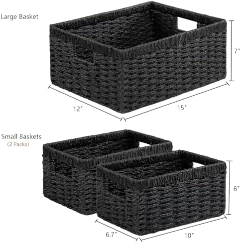 Vagusicc Wicker Storage Basket, Set of 3 Wicker Basket, Hand-Woven Paper Rope Storage Baskets for Organizing, Large Cube