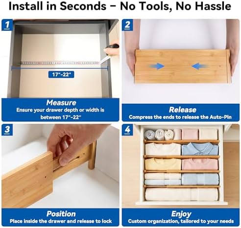 4 Pack 8" Deep Bamboo Drawer Dividers, 17-22" Expandable Kitchen Organizers