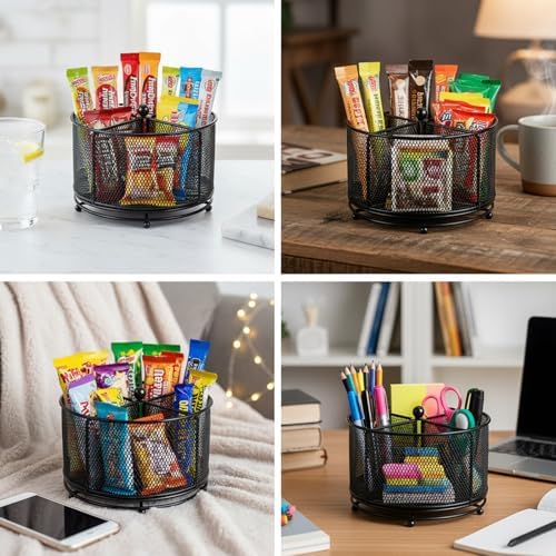 Drink Packet Organizer, 4-Compartment Metal Lazy Susan Turntable for Powdered Drink Mix and Water Flavor Packets, Black