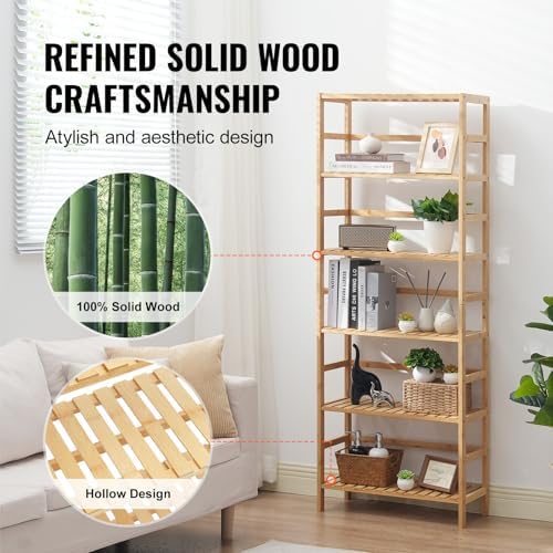 VEVOR 6-Tier Bamboo Shelf, Open Wood Bookshelf, Display Storage Rack Organizer, Freestanding Flower Plant Stand, Multifu
