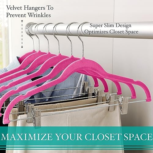 Simplify 6 Pack Slim Velvet Hangers with Skirt or Pant Clips, Space Saver, Prevent Garment Creases, Swivel Neck, Durable, Fuchsia