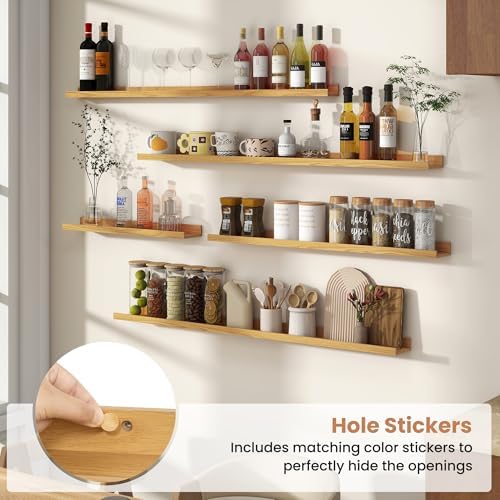 Fun Memories Picture Ledge Shelves Set of 4, 36 Inch Rustic Wall Mounted Floating Shelves with Lip for Home Storage and 