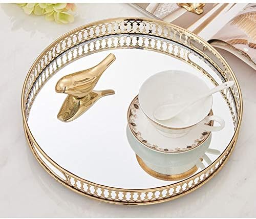Vintage Gold Mirror Tray,Round Shape(12.6in) Ornate Geometric Brass Plated and Glass Display Storage Organizer,Jewelry P