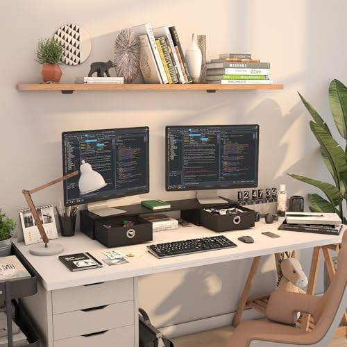 WESTREE Dual Monitor Stand Riser with Two Drawers, Extra Large Storage Monitor Stand for 2 Monitors, Desktop Oraganizer 
