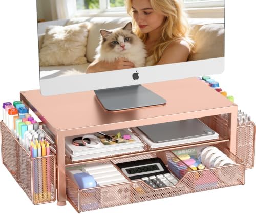 OPNICE Desk Organizers and Accessories, Computer Monitor Stand Riser with Drawer and 2 Pen Holders, Printer & Laptop Sta