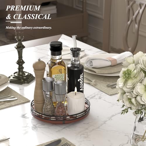 AMH 9-Inch Brown Checkerboard Lazy Susan Organizer with Black Metal Rail